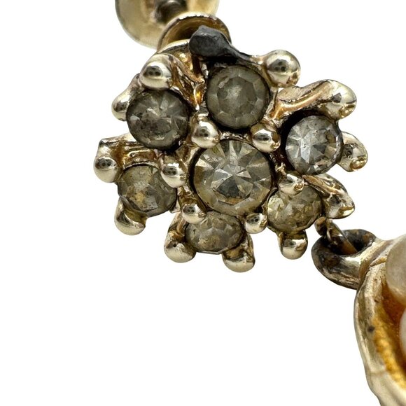 Vintage Screw-Back Pearl & Rhinestone Gold Tone Circle Drop Earrings - Picture 5 of 7